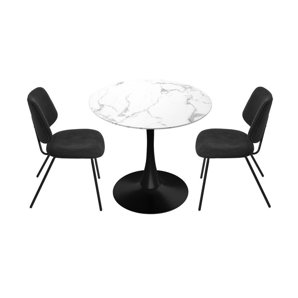 Dining Table Set Round White Table and 2 Black Chairs