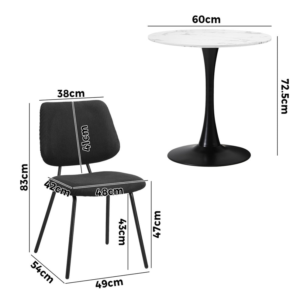 Dining Table Set Round White Table and 2 Black Chairs