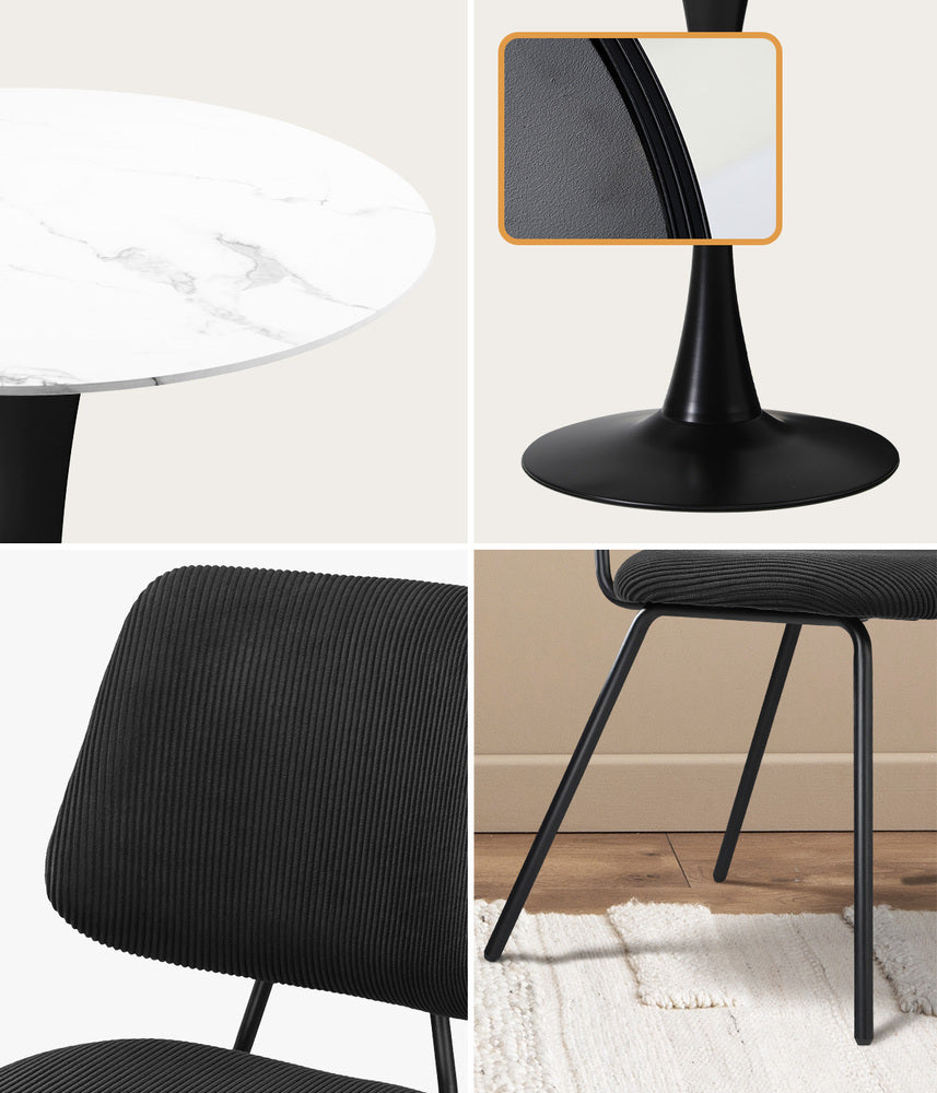 Dining Table Set Round White Table and 2 Black Chairs