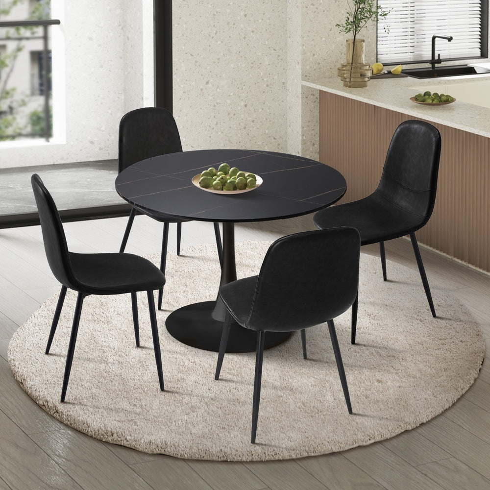 90cm Round Dining Table with 4x Dining Chairs PU Leather Black