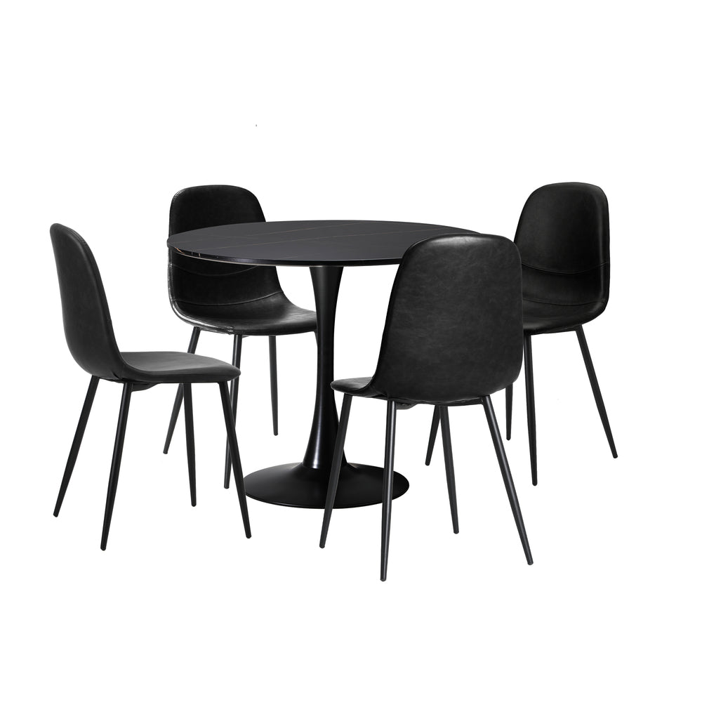 90cm Round Dining Table with 4x Dining Chairs PU Leather Black