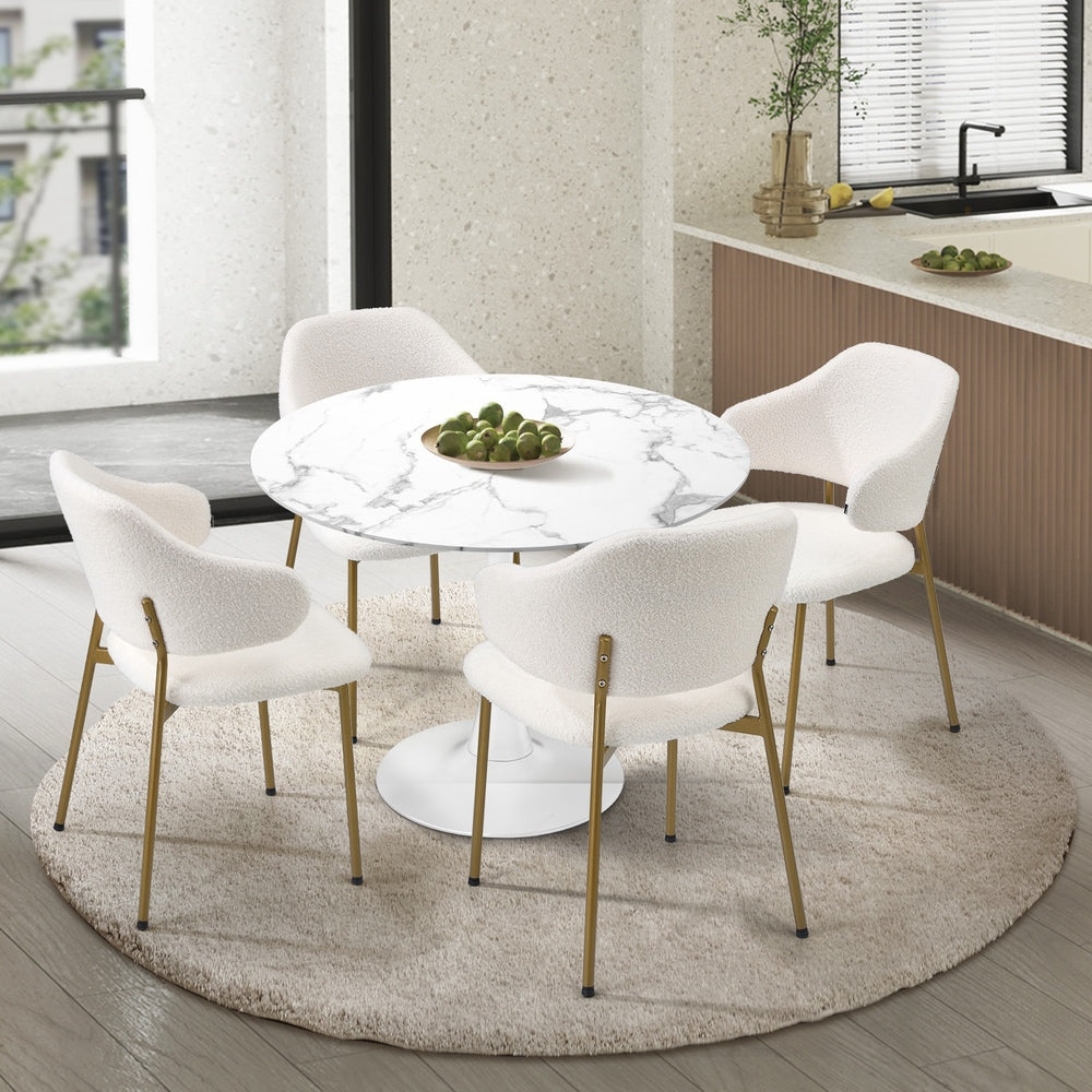 Round Dining Table with Dining Chairs Sherpa Gold&White