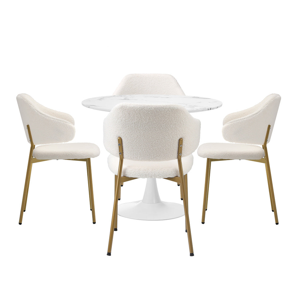 Round Dining Table with Dining Chairs Sherpa Gold&White