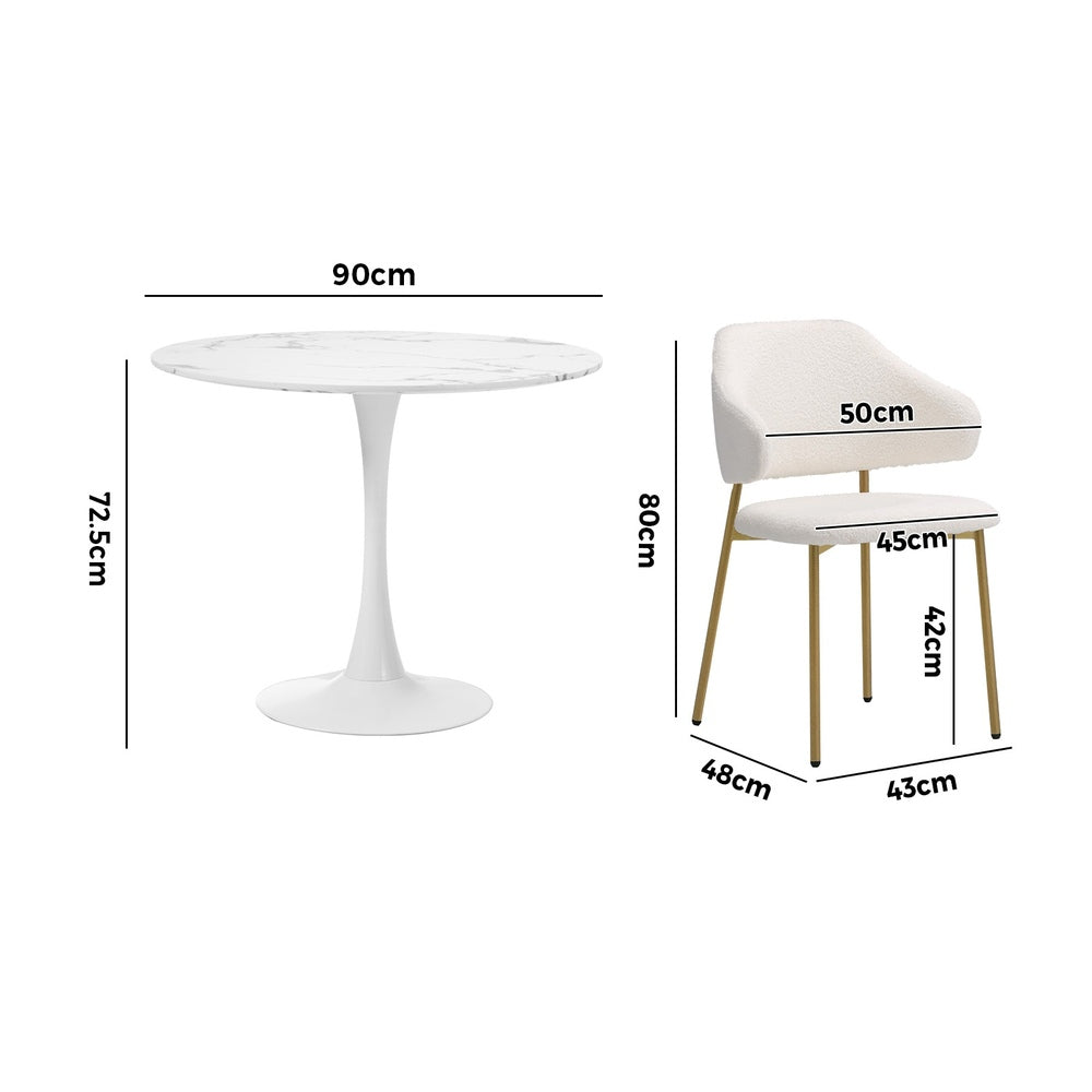 Round Dining Table with Dining Chairs Sherpa Gold&White