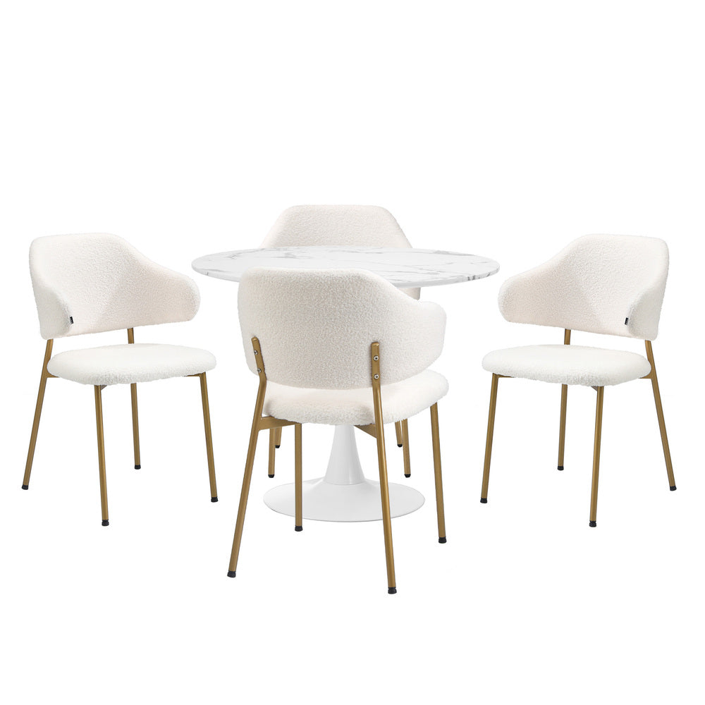 Round Dining Table with Dining Chairs Sherpa Gold&White