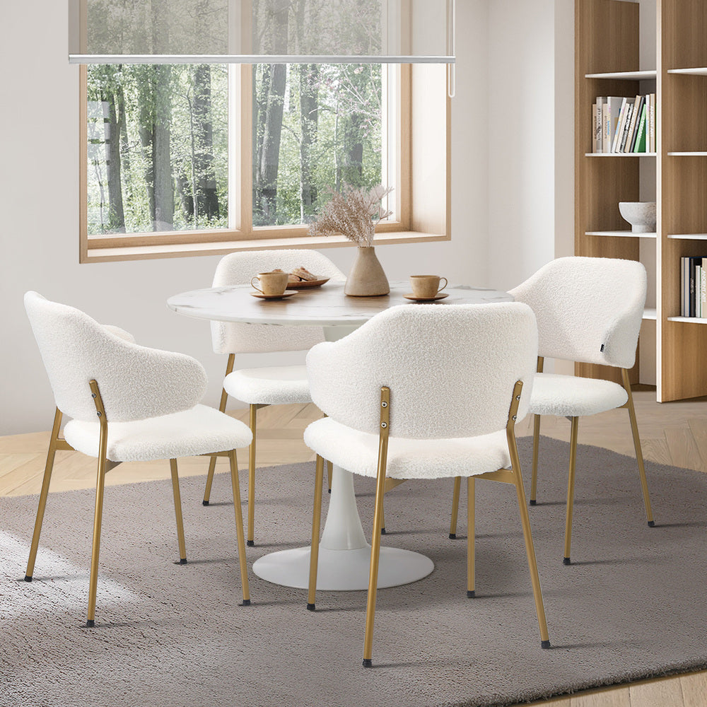 Round Dining Table with Dining Chairs Sherpa Gold&White