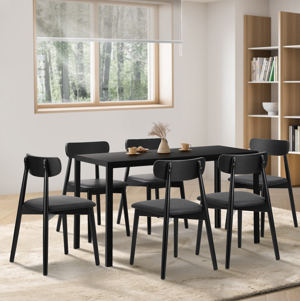 1.4m Dining Table with 6PCS Wooden Chairs Set Black PU Leather for Kitchen