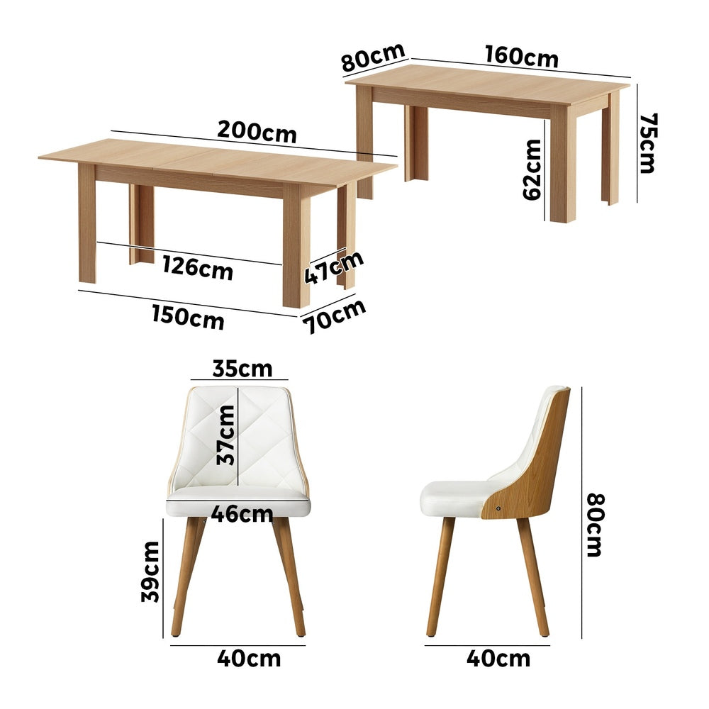 200cm Extendable Dining Table with 6PCS Dining Chairs PU Leather White