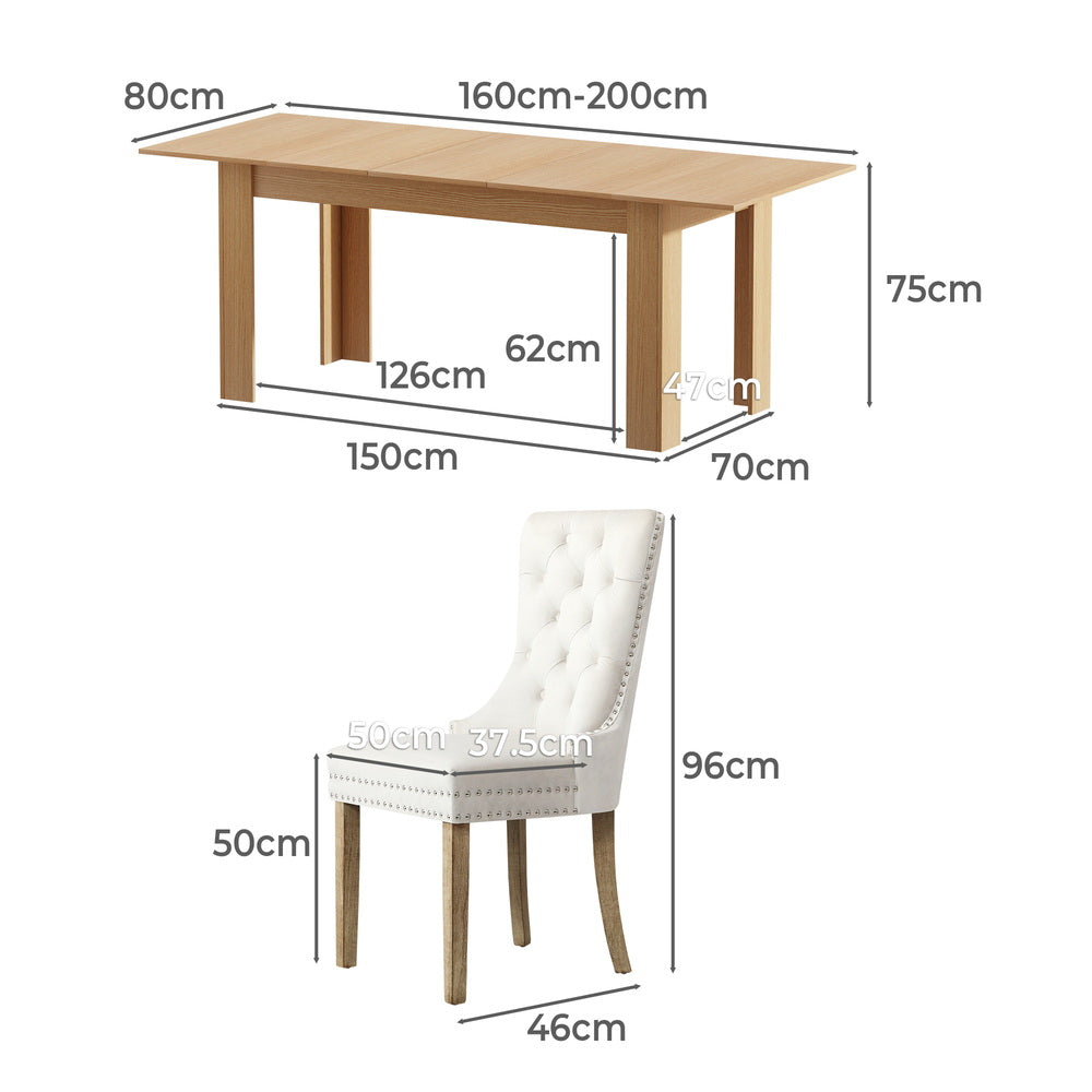 200cm Extendable Dining Table with 6PCS Dining Chairs Velvet Beige