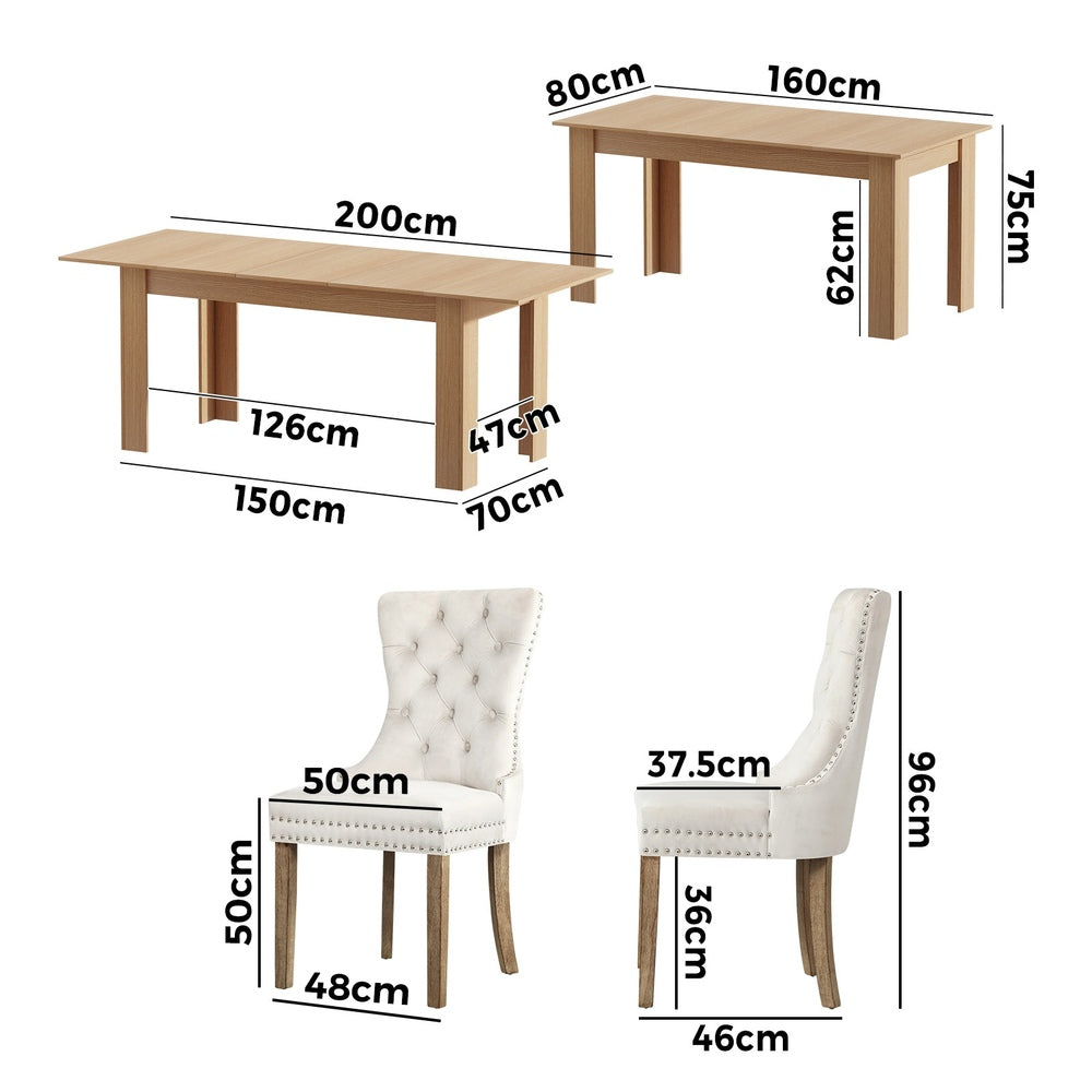 200cm Extendable Dining Table with 6PCS Dining Chairs Velvet Beige