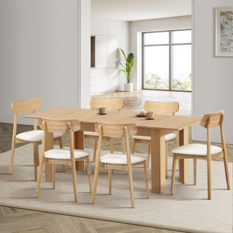 200cm Extendable Dining Table with 6x Dining Chairs PU Leather Natural
