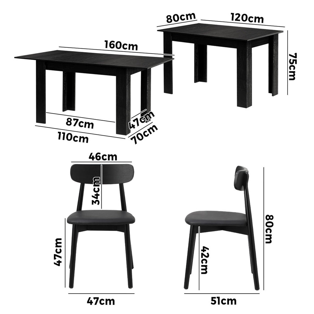 160cm Extendable Dining Table with Dining Chairs PU Leather Black