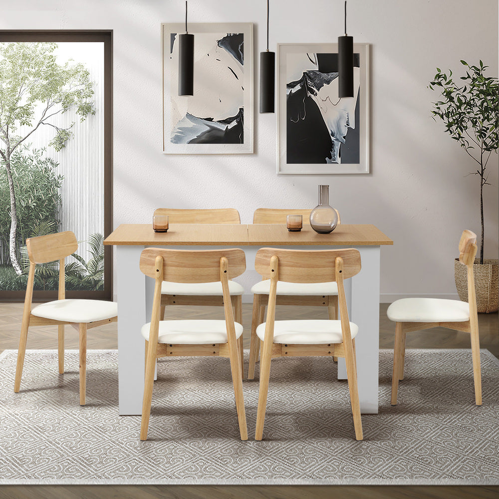 Extendable Dining Table with 4x/6x Dining Chairs PU Leather Natural/White