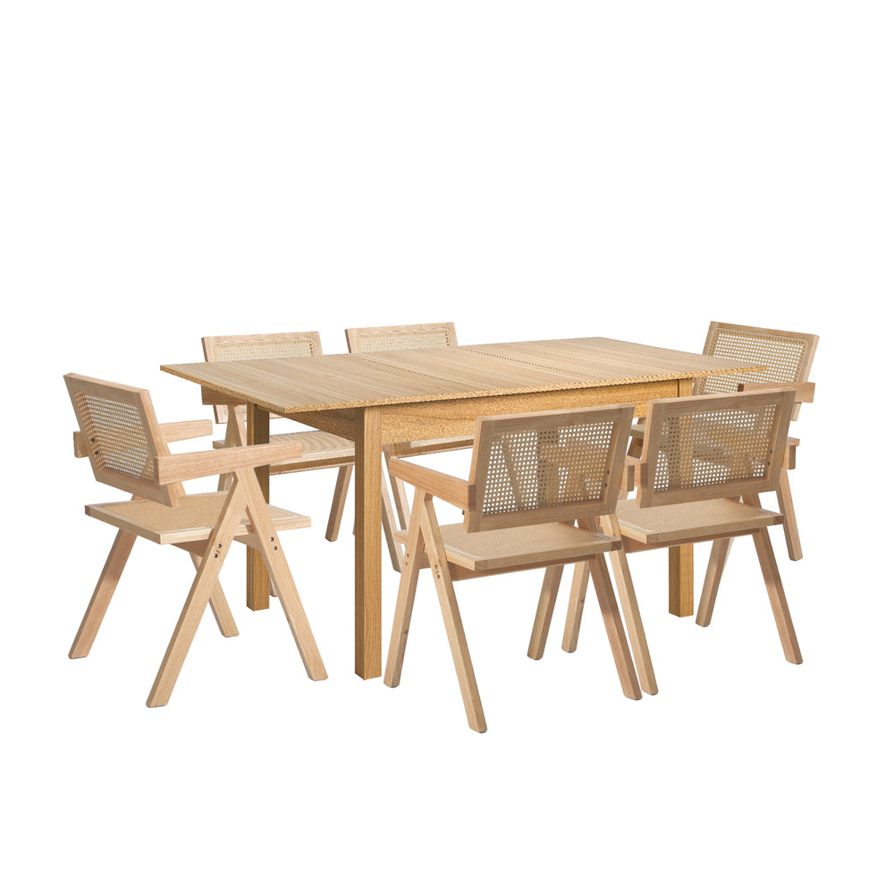 7pc & 5pc Dining Table and Chairs Set Wooden Rattan Style Natural Finish