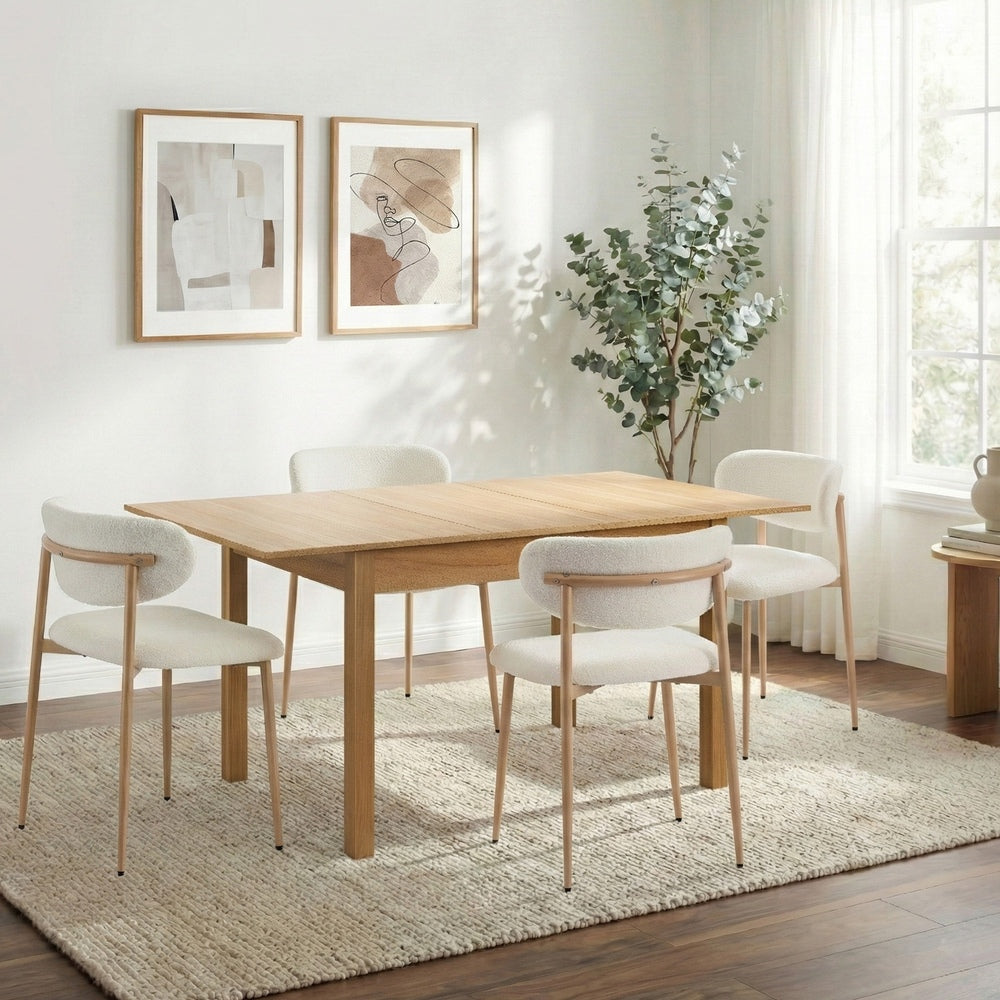 5pc Dining Table and Chairs Set Wooden Boucle Fabric Natural Finish