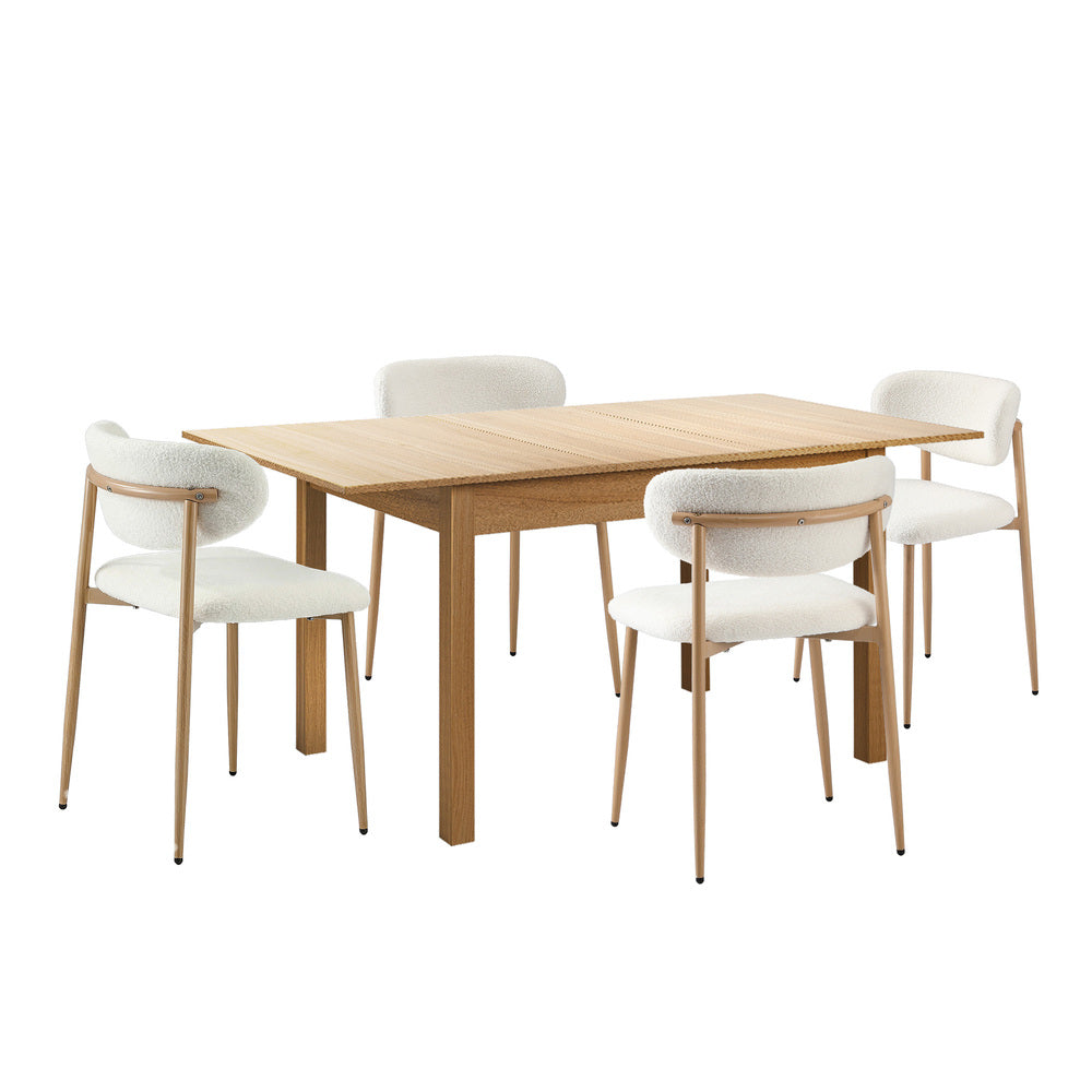 5pc Dining Table and Chairs Set Wooden Boucle Fabric Natural Finish
