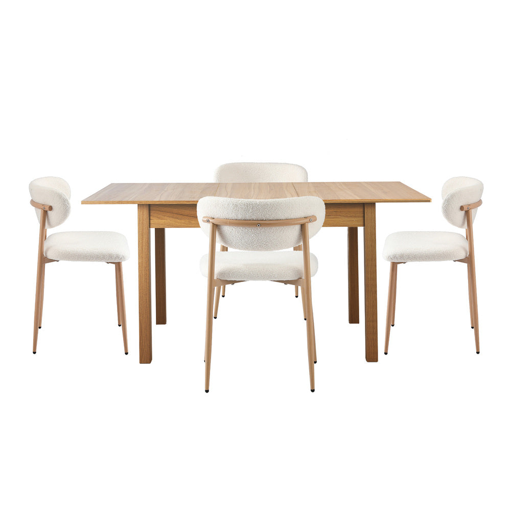 5pc Dining Table and Chairs Set Wooden Boucle Fabric Natural Finish