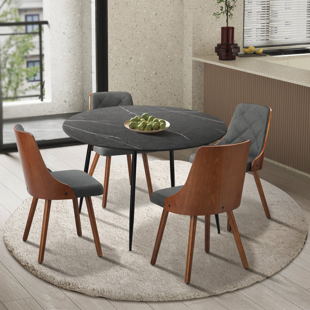 110cm Round Dining Table, 4 Chairs Leather Black/Linen Grey