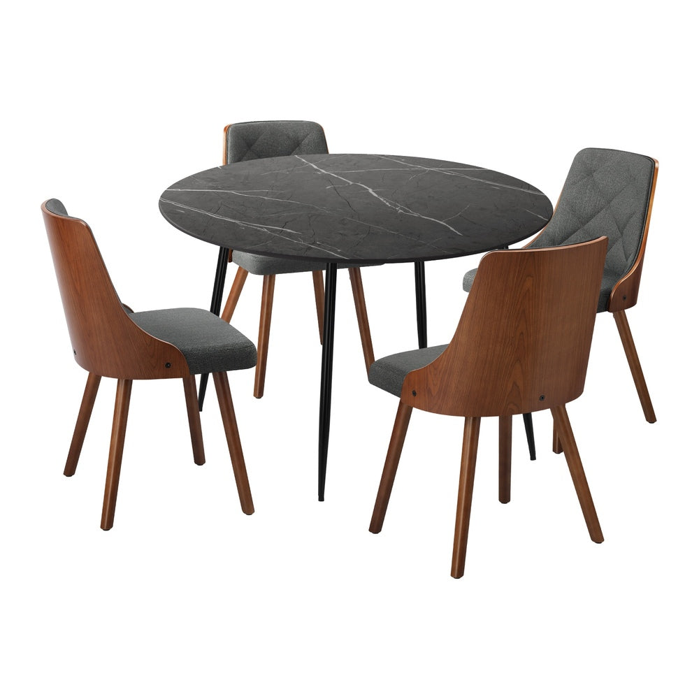 110cm Round Dining Table, 4 Chairs Leather Black/Linen Grey