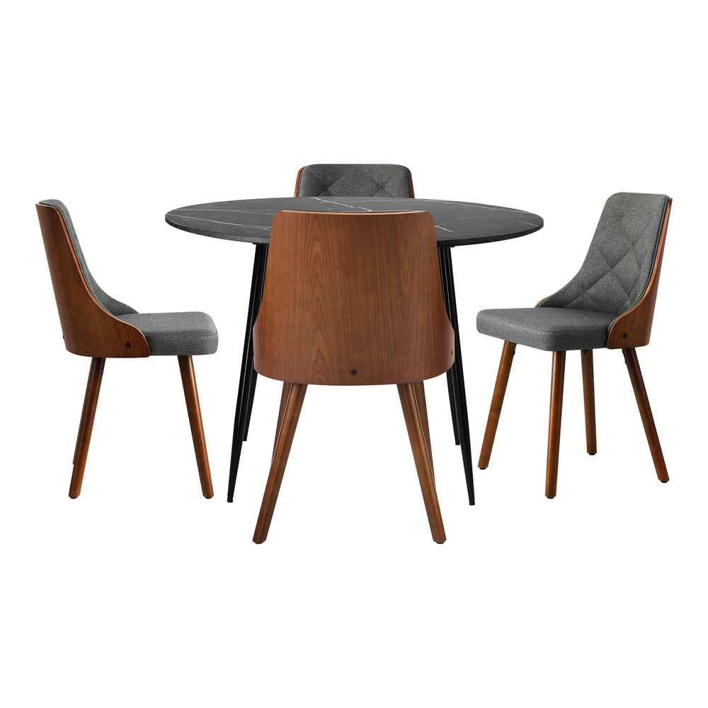 110cm Round Dining Table, 4 Chairs Leather Black/Linen Grey