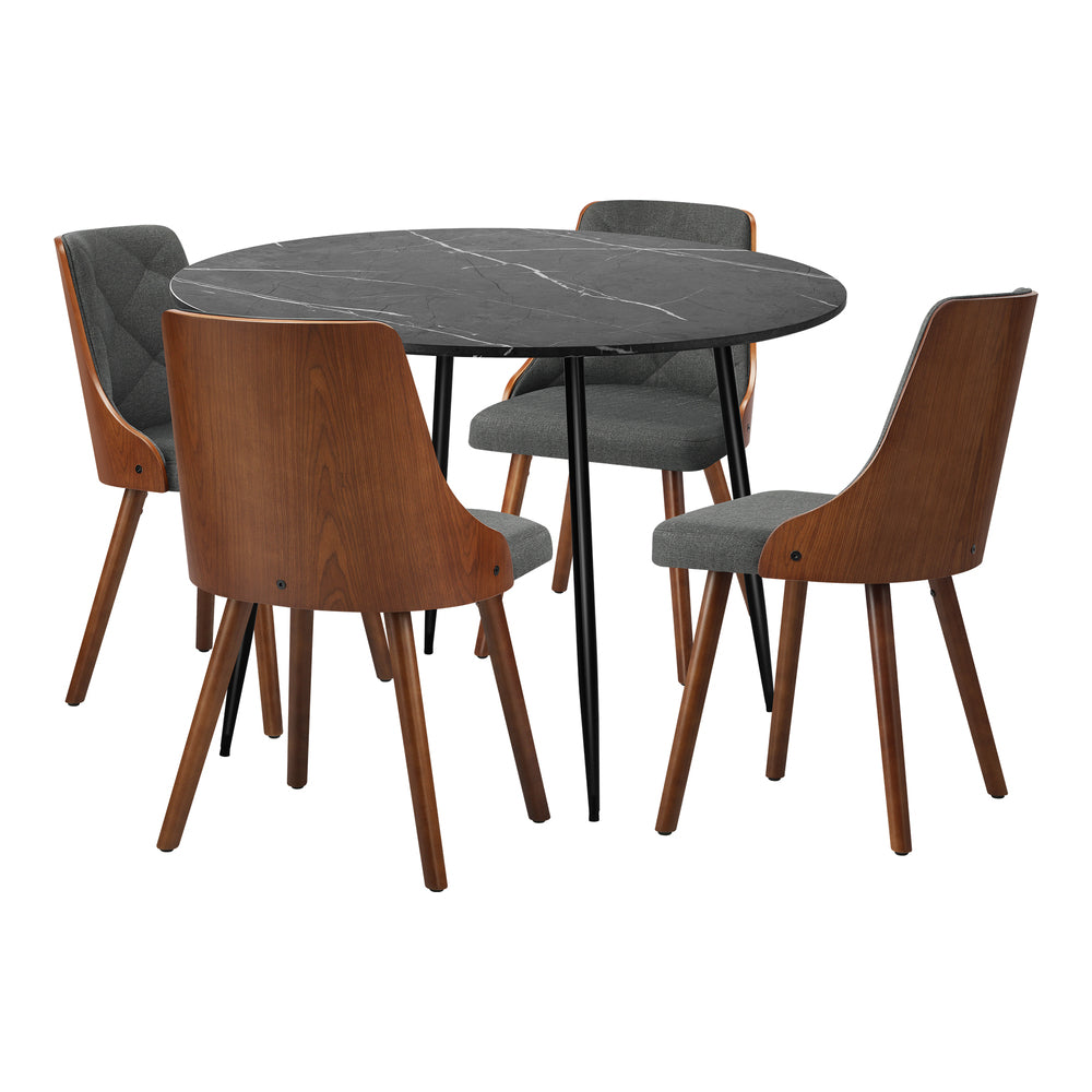 110cm Round Dining Table, 4 Chairs Leather Black/Linen Grey