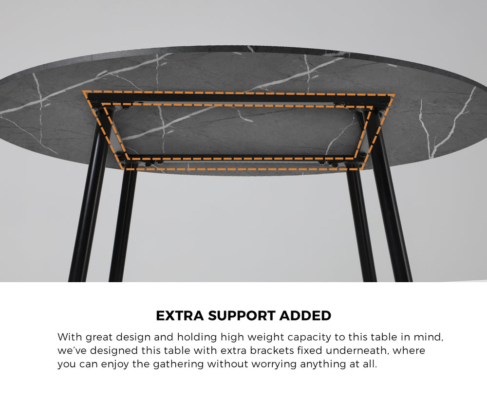 110cm Round Dining Table, 4 Chairs Leather Black/Linen Grey