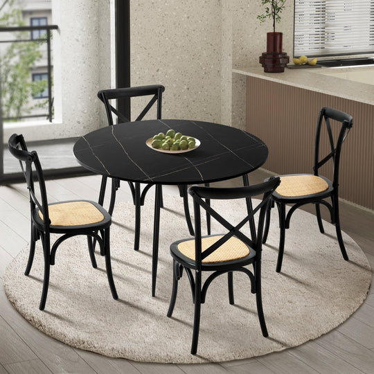 110cm Round Dining Table with 4PCS Dining Chairs Birch Timber Black