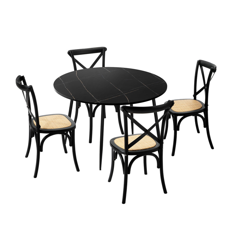 110cm Round Dining Table with 4PCS Dining Chairs Birch Timber Black