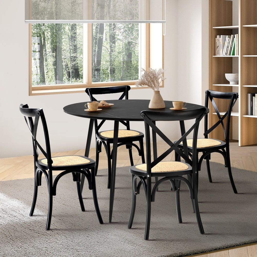 110cm Round Dining Table with 4PCS Dining Chairs Birch Timber Black