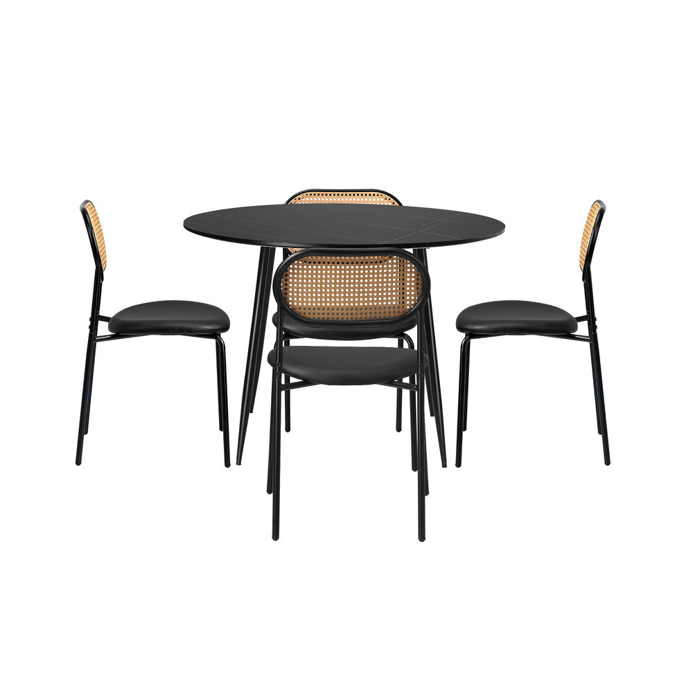 110cm Round Dining Table with 4PCS Dining Chairs PU Leather Black