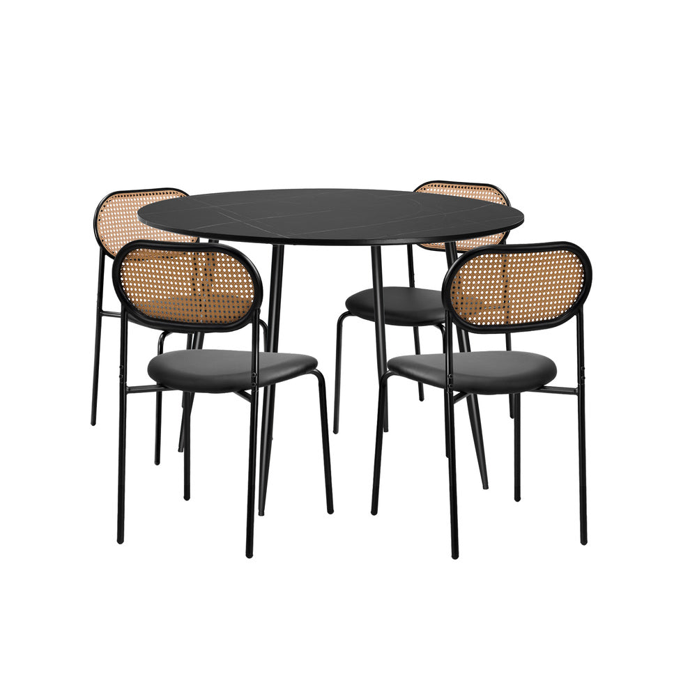 110cm Round Dining Table with 4PCS Dining Chairs PU Leather Black