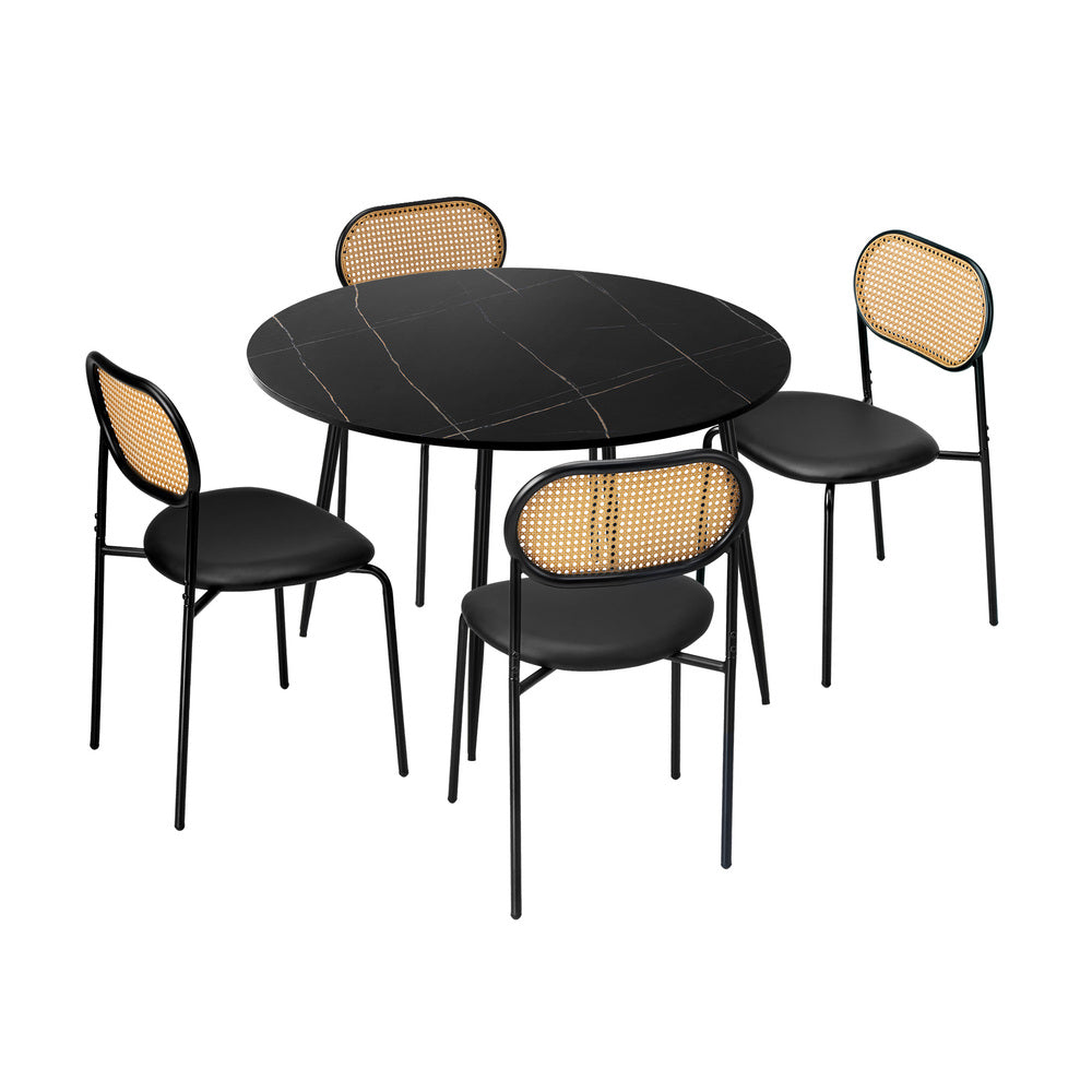 110cm Round Dining Table with 4PCS Dining Chairs PU Leather Black