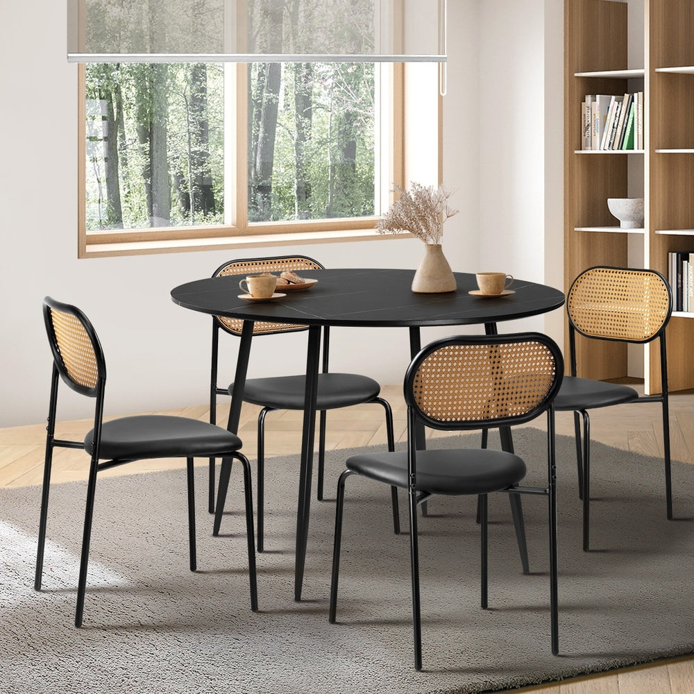 110cm Round Dining Table with 4PCS Dining Chairs PU Leather Black