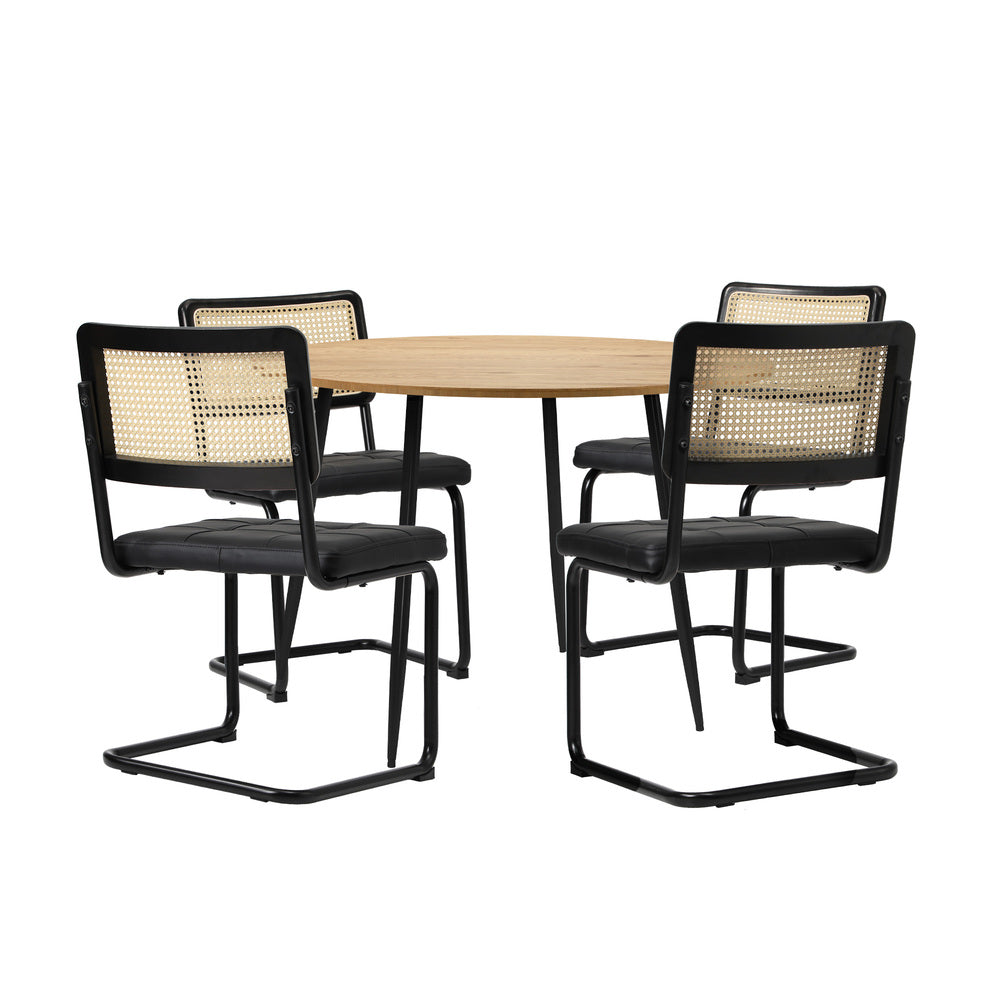 110cm Round Dining Table with 4PCS Dining Chairs Leather Black