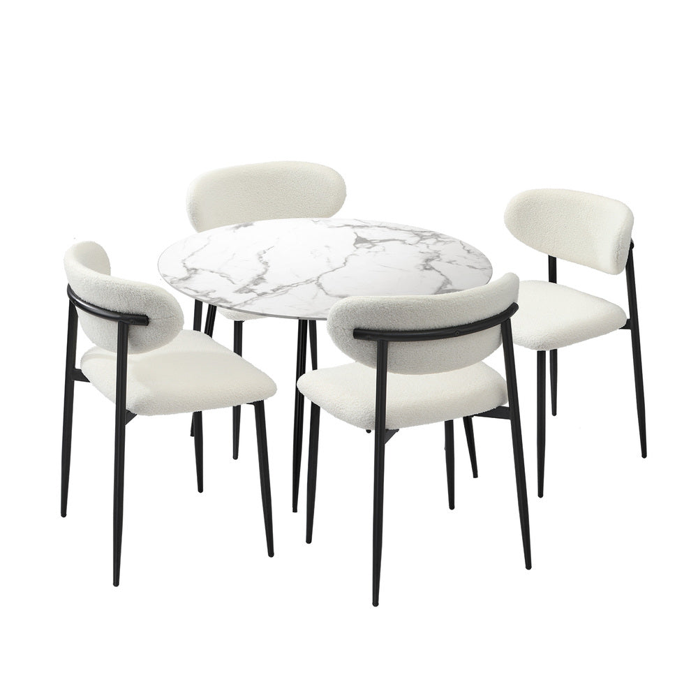 110cm Round Dining Table with 4x Dining Chairs Boucle Black&White