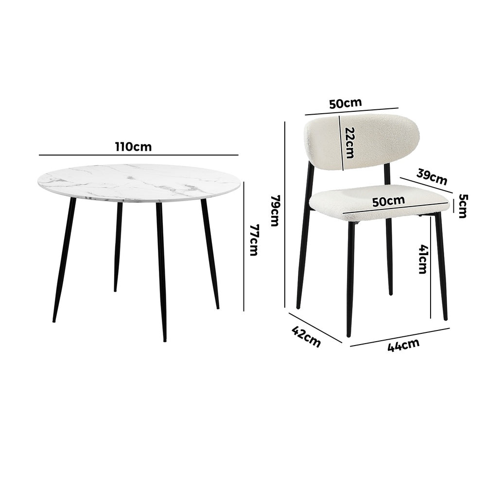 110cm Round Dining Table with 4x Dining Chairs Boucle Black&White