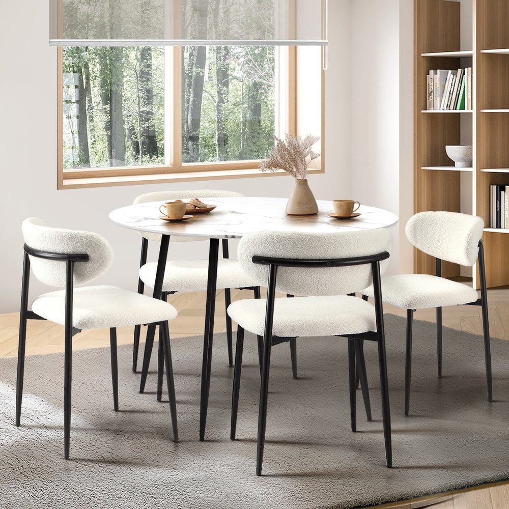 110cm Round Dining Table with 4x Dining Chairs Boucle Black&White