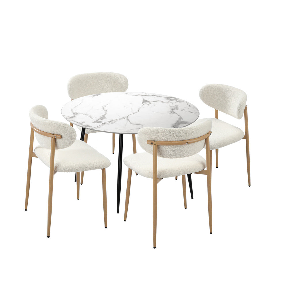 110cm Round Dining Table with 4x Dining Chairs Boucle White