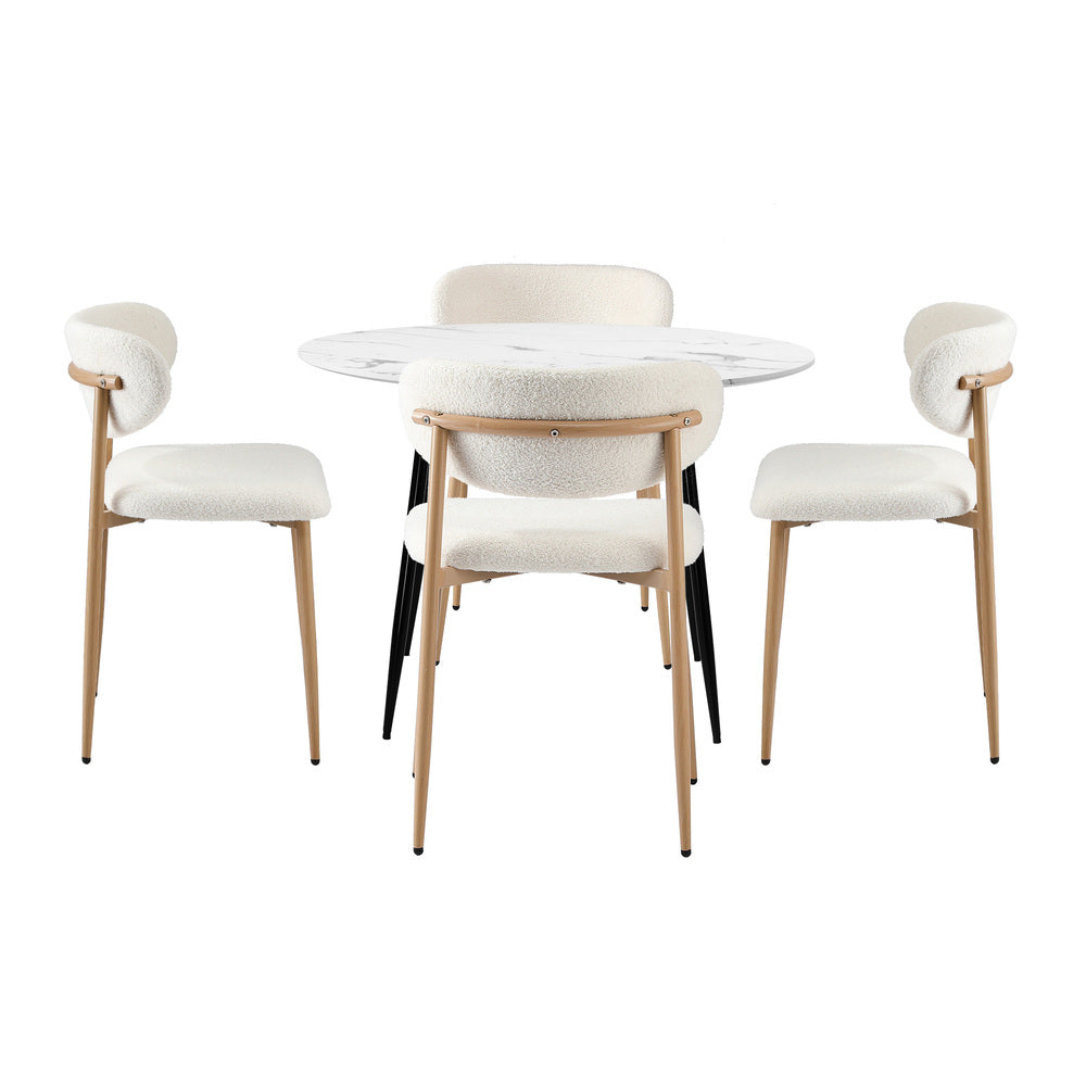 110cm Round Dining Table with 4x Dining Chairs Boucle White