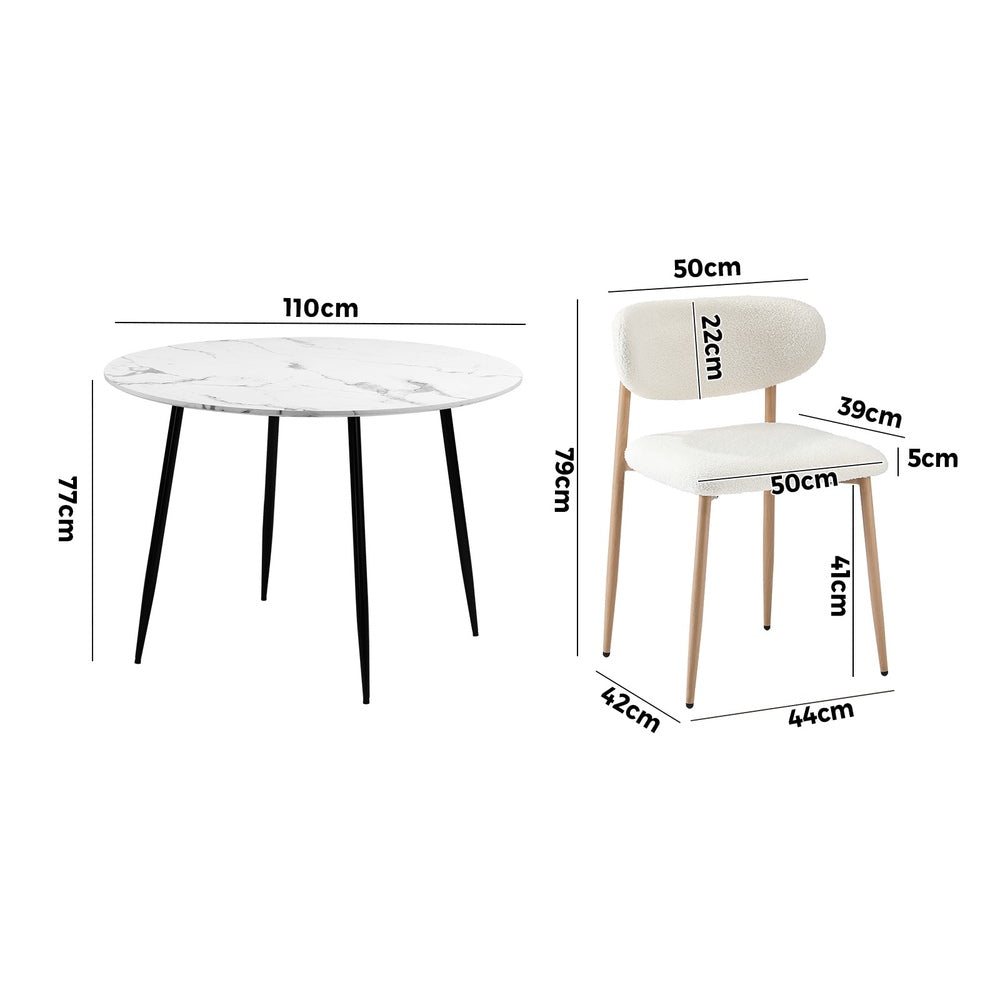 110cm Round Dining Table with 4x Dining Chairs Boucle White