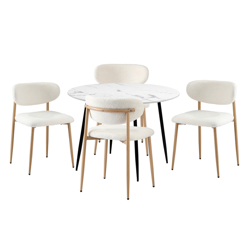 110cm Round Dining Table with 4x Dining Chairs Boucle White