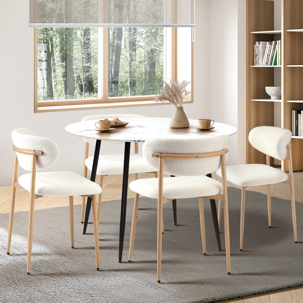 110cm Round Dining Table with 4x Dining Chairs Boucle White