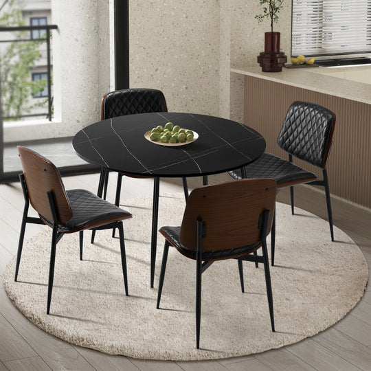 110cm Round Dining Table with 4PCS Dining Chairs Leather Black