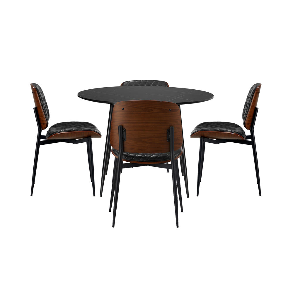 110cm Round Dining Table with 4PCS Dining Chairs Leather Black