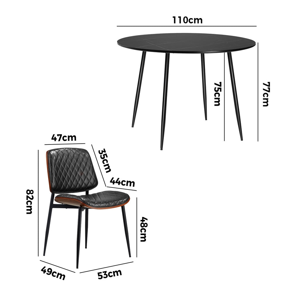 110cm Round Dining Table with 4PCS Dining Chairs Leather Black