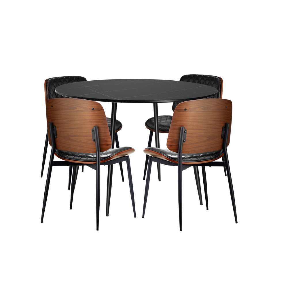 110cm Round Dining Table with 4PCS Dining Chairs Leather Black