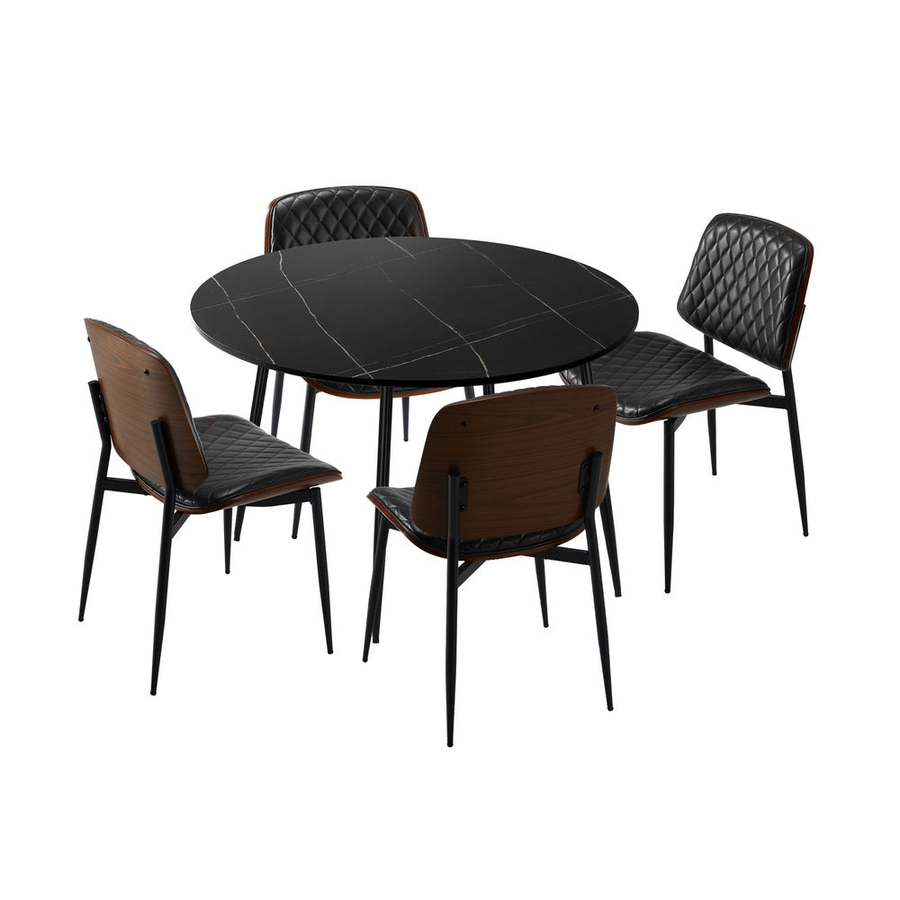 110cm Round Dining Table with 4PCS Dining Chairs Leather Black