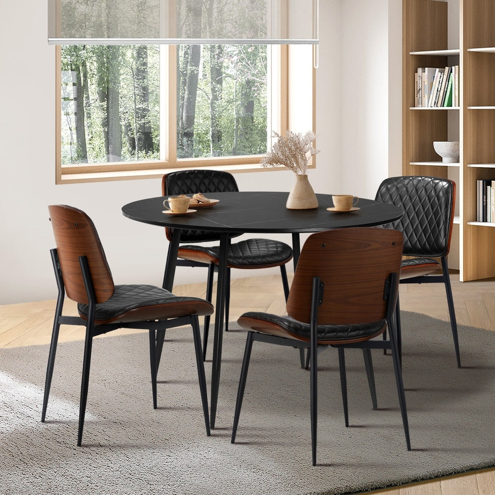 110cm Round Dining Table with 4PCS Dining Chairs Leather Black