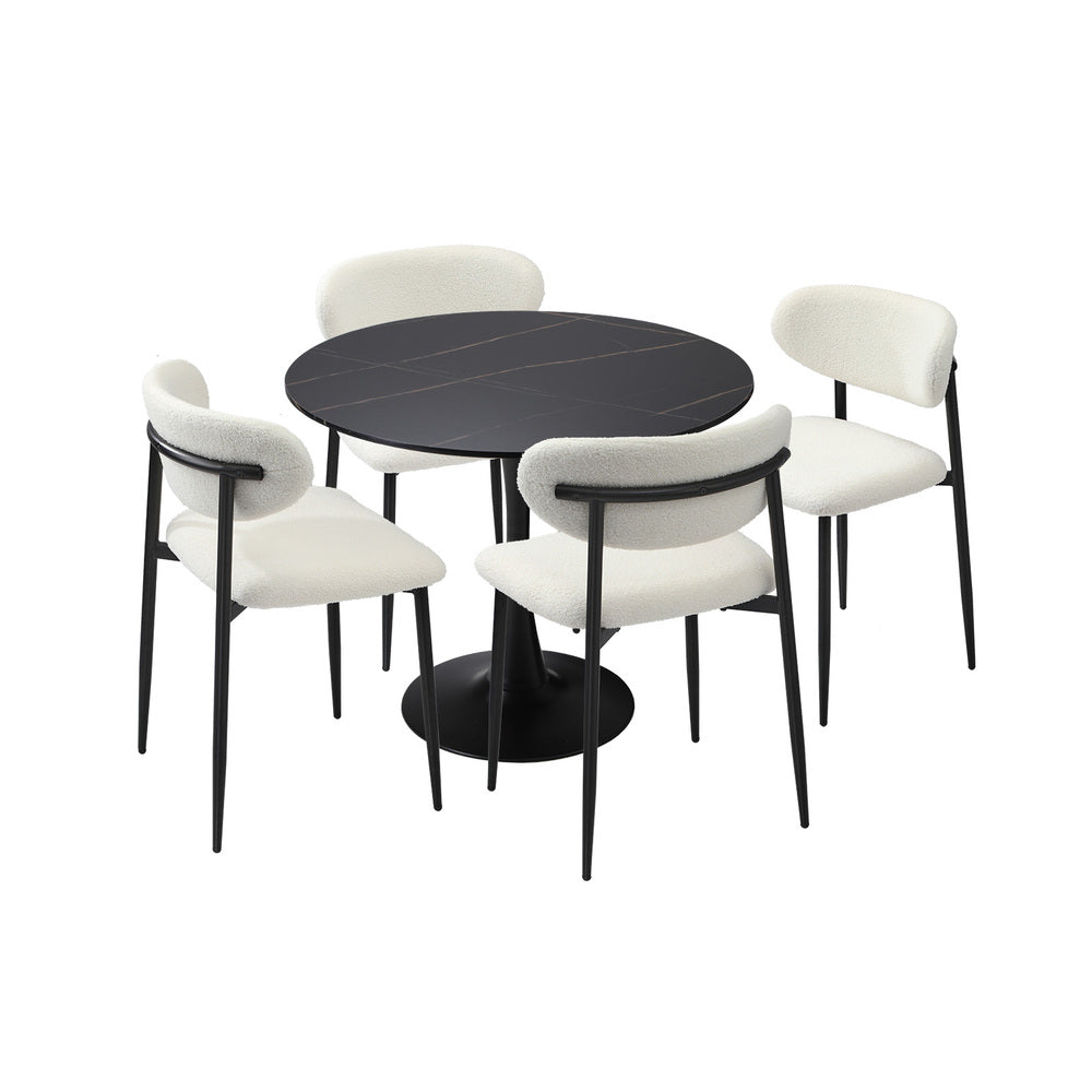 90cm Round Dining Table with 4x Dining Chairs Boucle Black&White