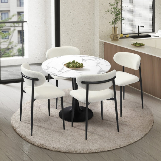 90cm Round Dining Table with 4x Dining Chairs Boucle White